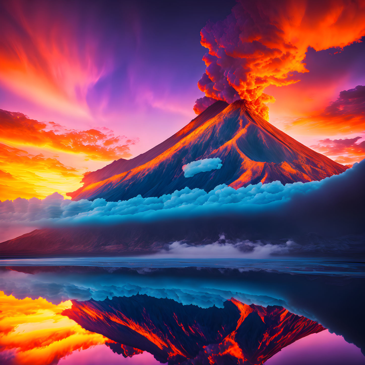 Erupting volcano at sunset with dramatic sky & water reflection