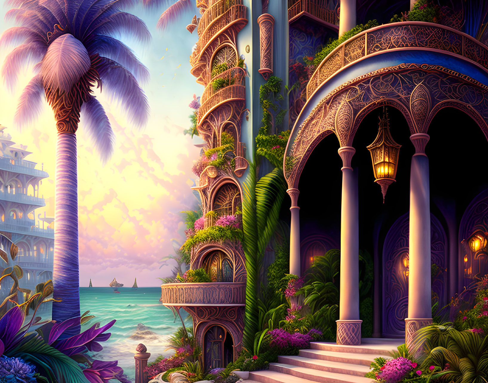 Fantasy palace with ornate balconies and lush greenery at sunset