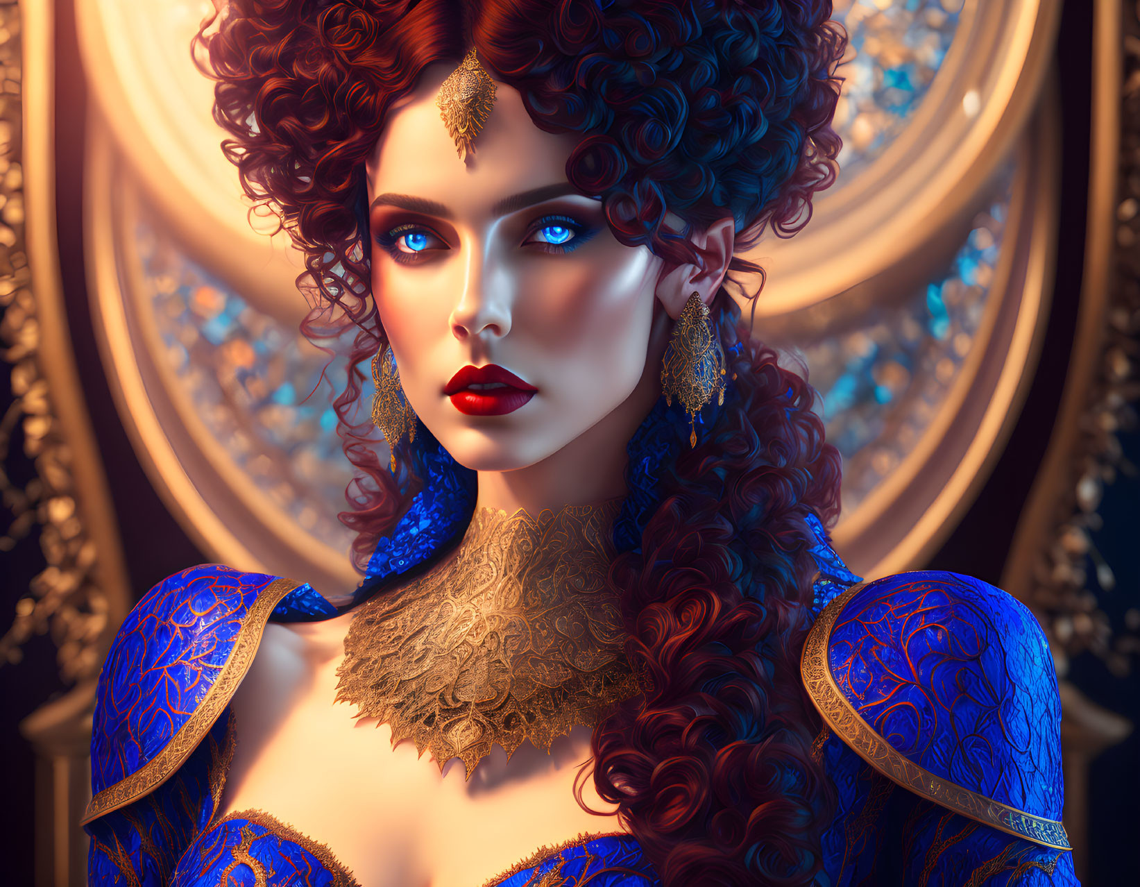 Digital art portrait of woman with voluminous curly hair and intricate gold jewelry in luxurious blue and gold garment