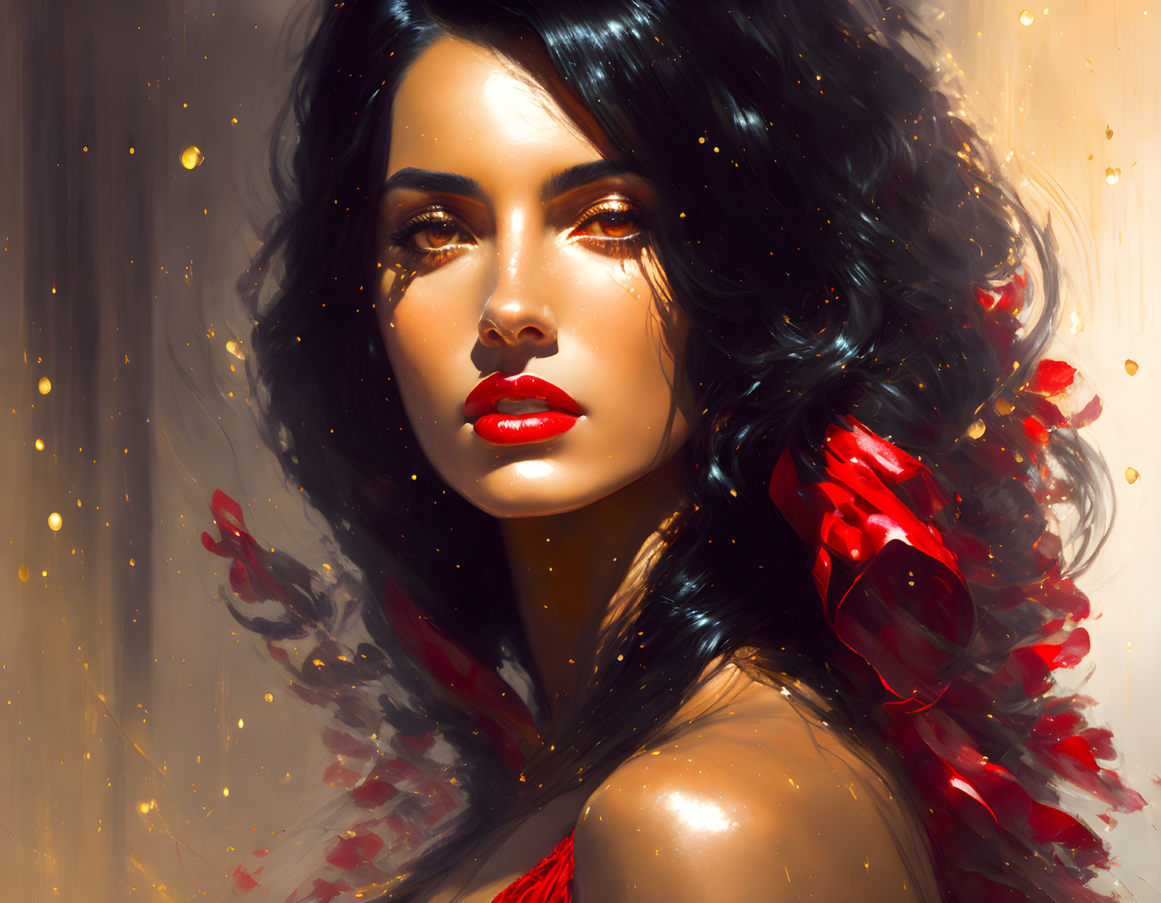 Digital portrait of woman with dark hair and red lips in red dress, surrounded by golden lights and floating