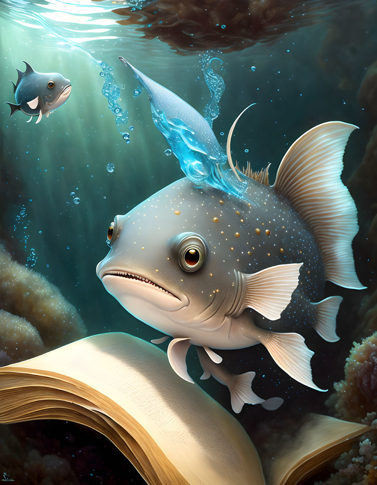 Anthropomorphic fish with unicorn horn reading underwater with small fish in sunlit water