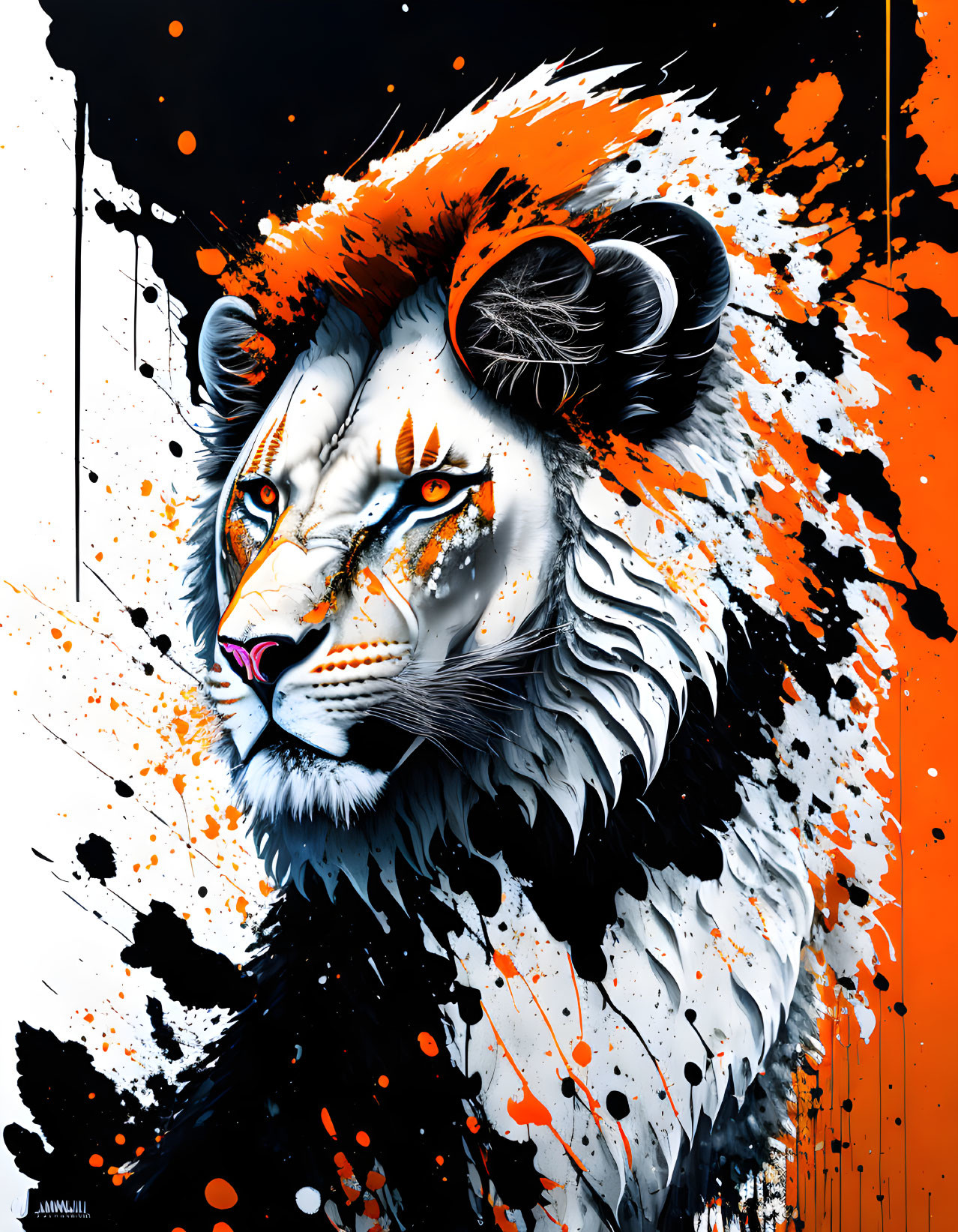 Colorful digital artwork: Lion with blue eyes and orange splatter