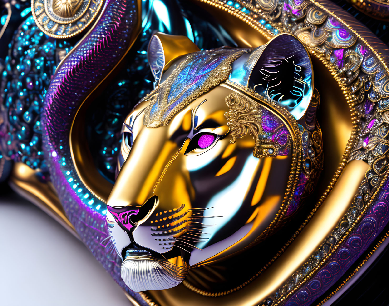 Colorful Leopard Sculpture with Golden, Purple, and Blue Patterns