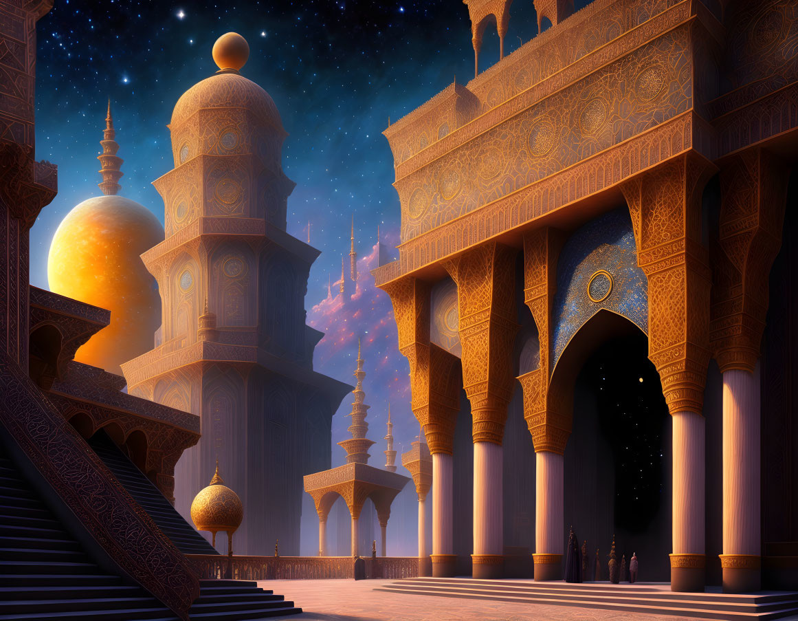 Ornate fantastical palace with golden domes under starry sky