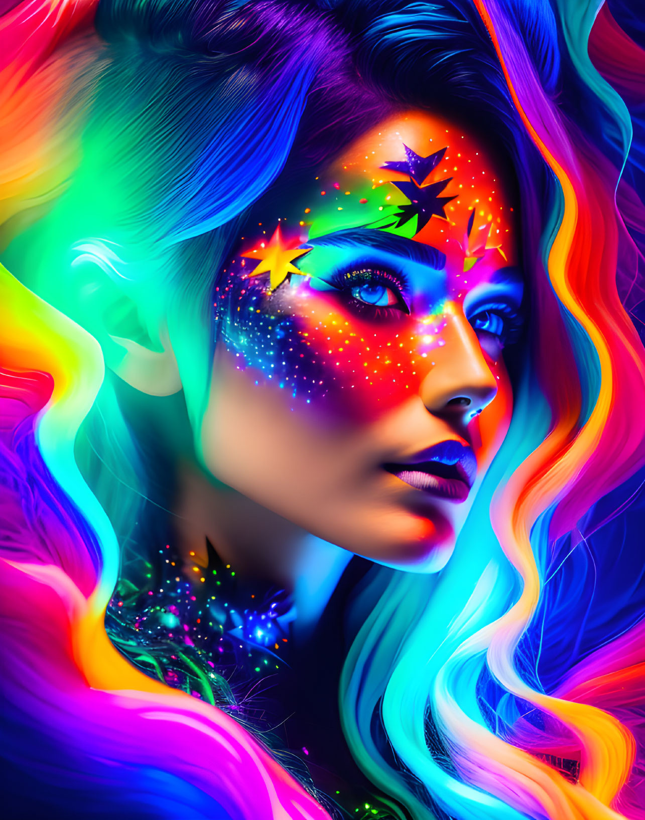 Colorful digital artwork: Woman with neon rainbow colors and sparkling stars, emitting a dreamy, psychedelic