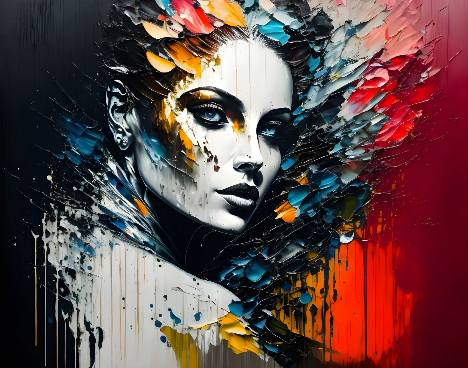 Colorful brushstrokes depict woman's face in vibrant artwork