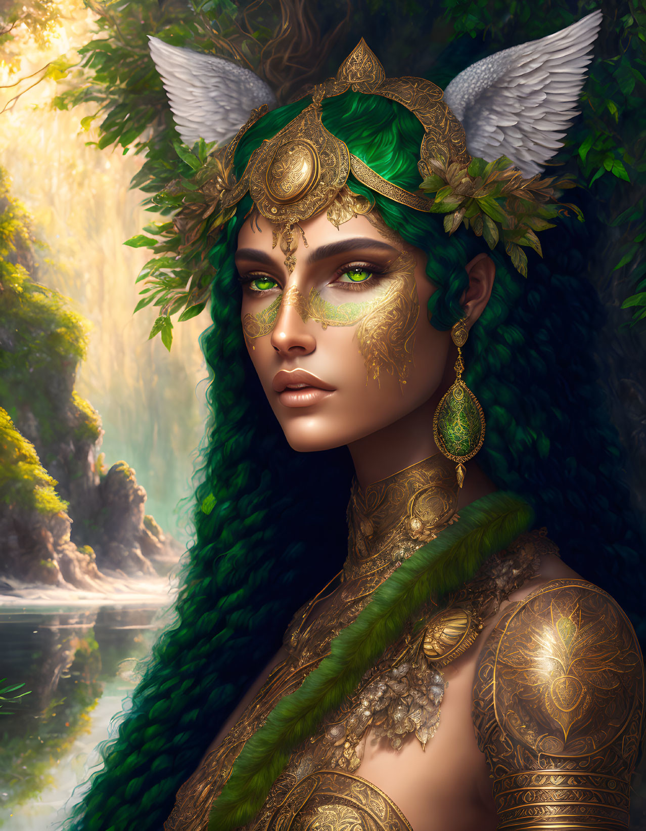 Fantasy illustration of woman with green eyes and pointed ears in golden headdress and armor by sunlit