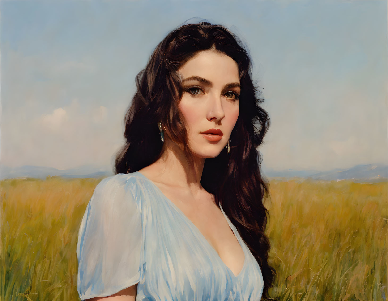 Woman with long dark hair in blue dress standing in field under cloudy skies