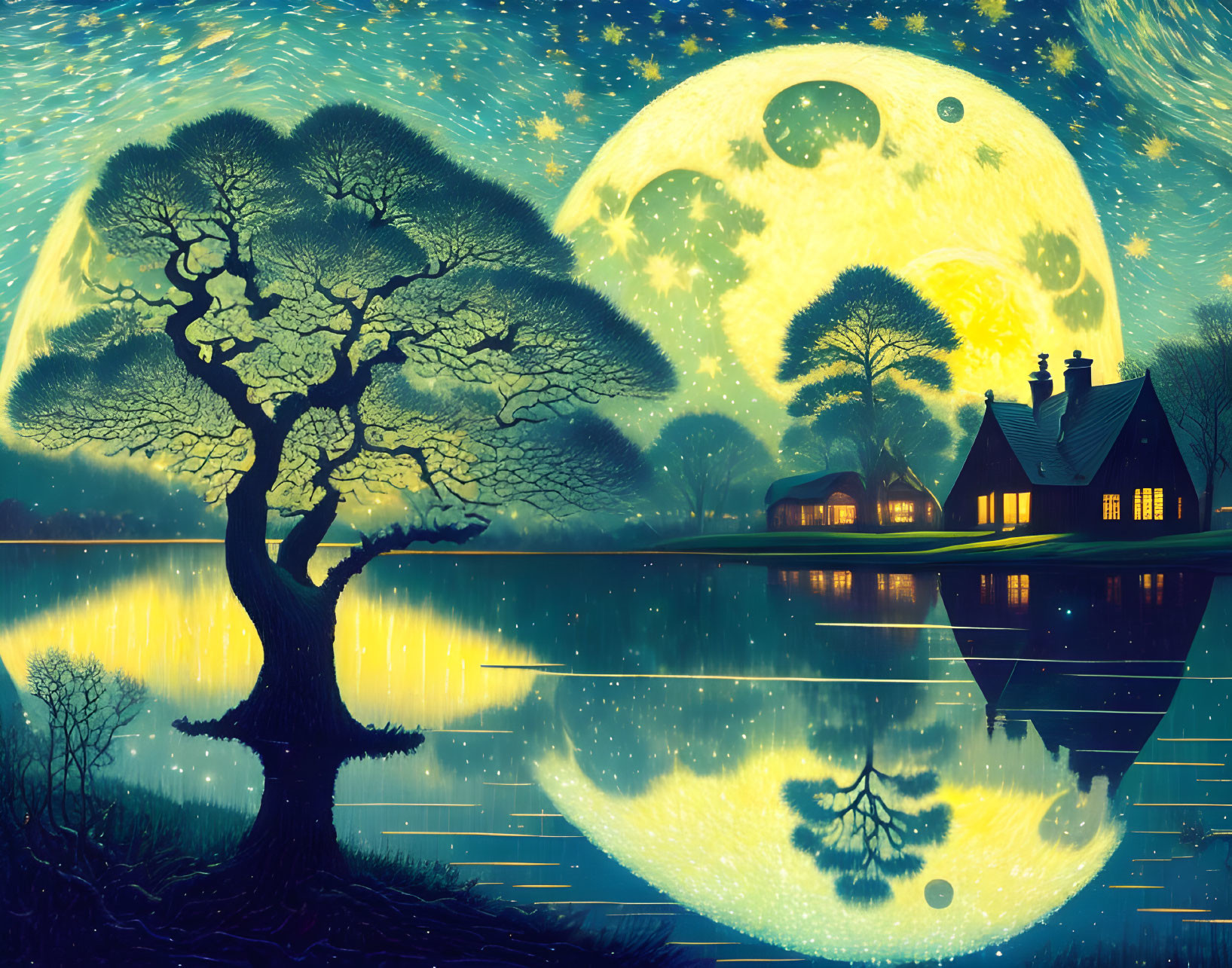 Tranquil full moon over reflective lake with tree silhouette & cozy house