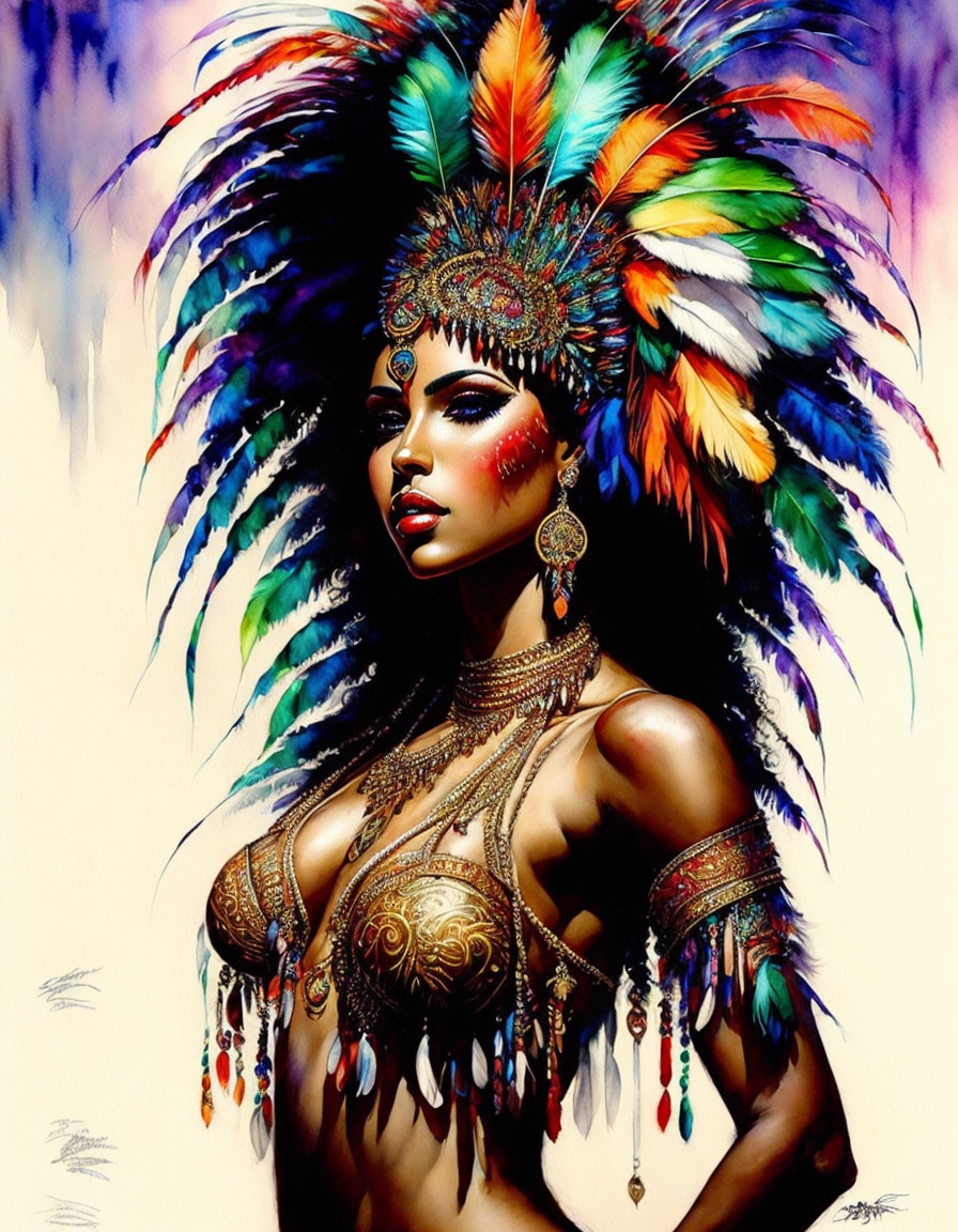 Colorful Woman Illustration with Feather Headdress & Gold Jewelry