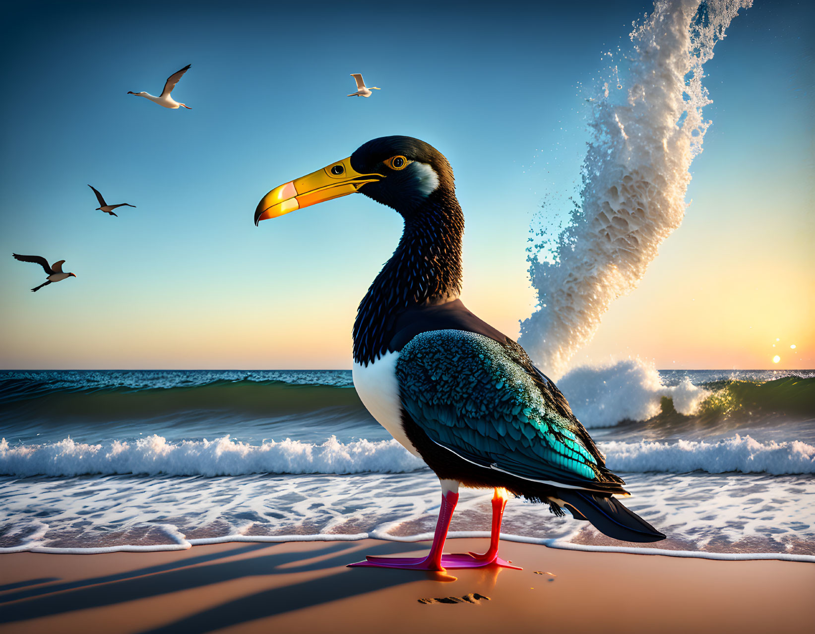 Surreal bird with yellow beak on surfboard at sunset