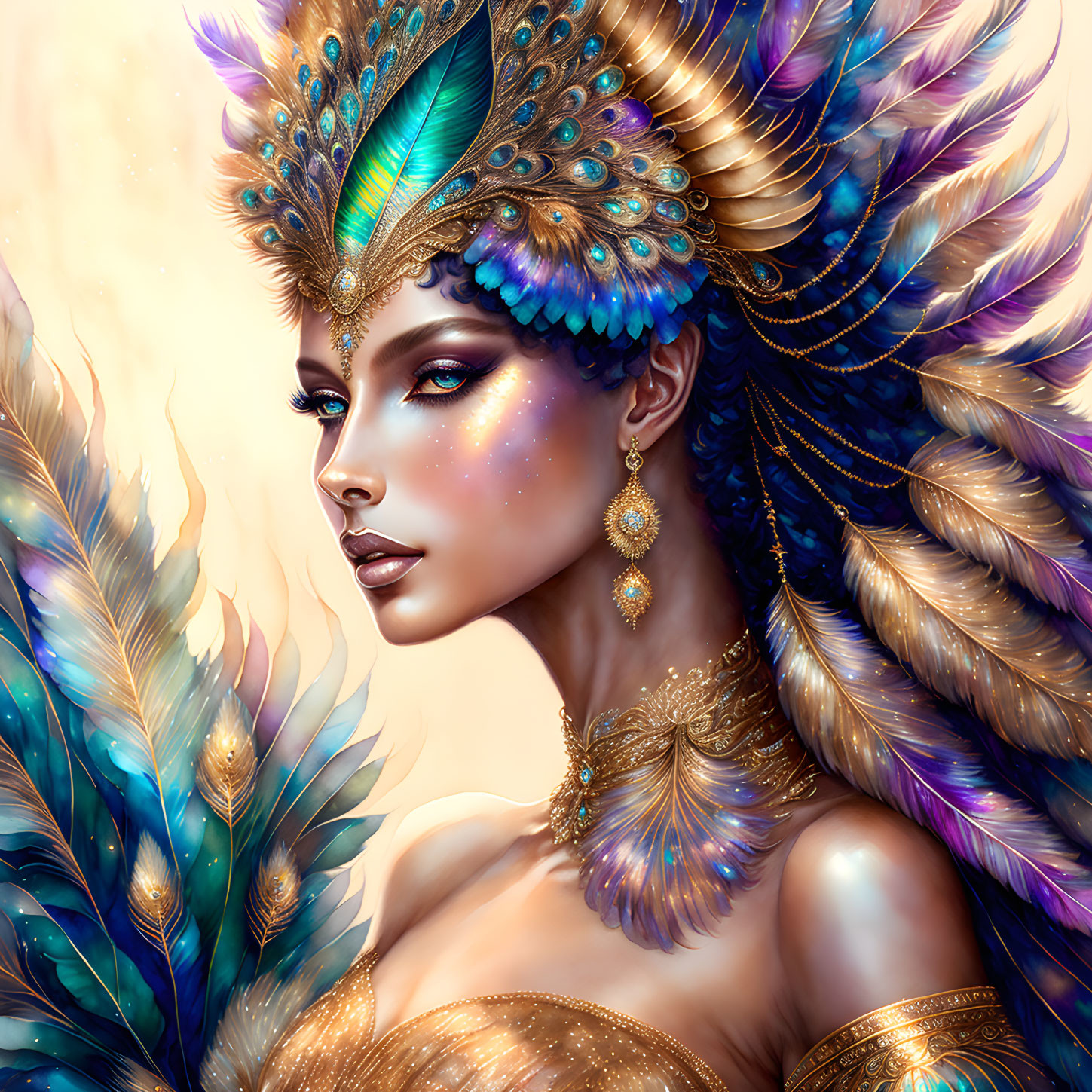 Illustrated woman with peacock feather headdress in vibrant blues, greens, and golds