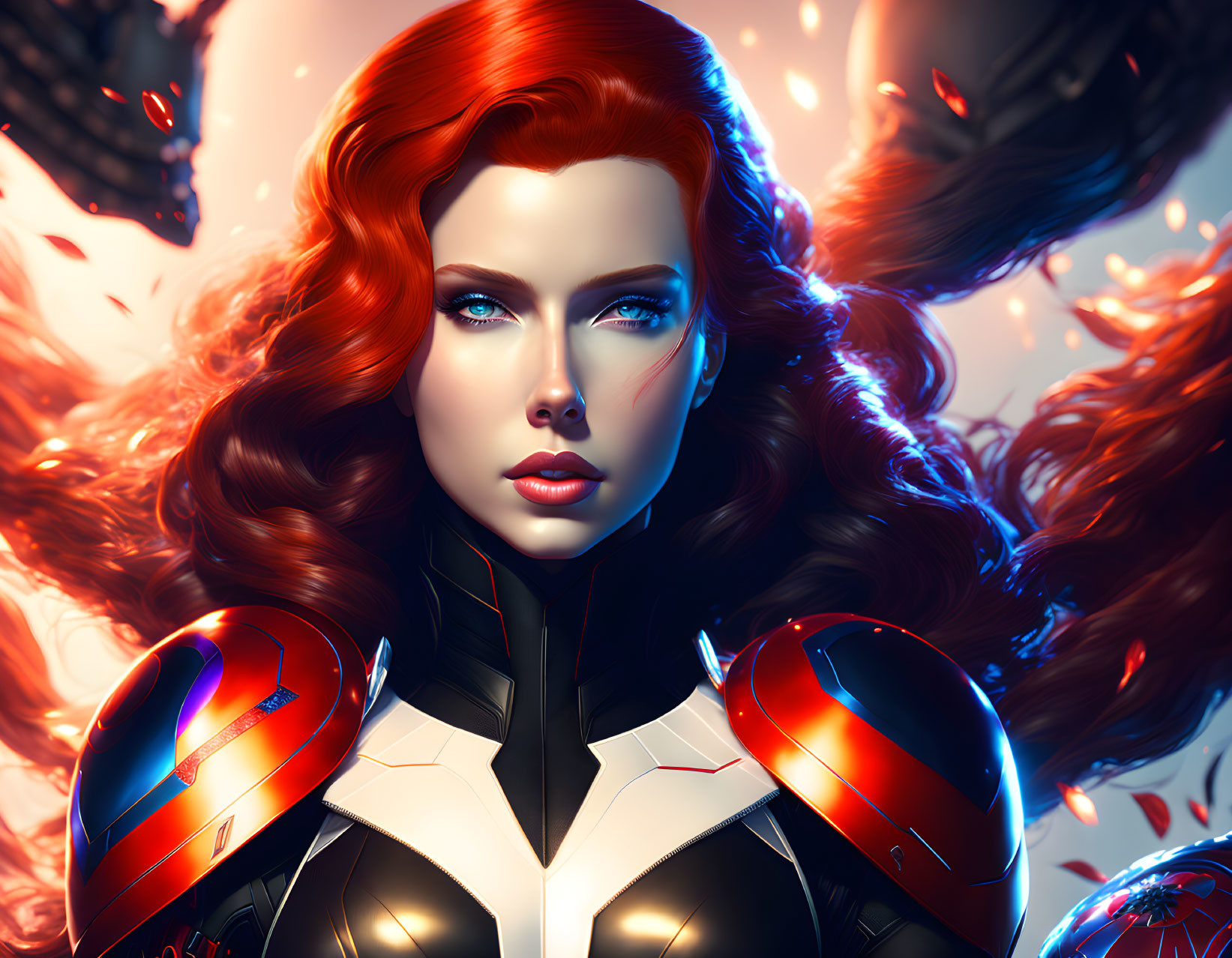 Digital artwork: Woman with red hair, blue eyes, futuristic armor, glowing details, dynamic backdrop