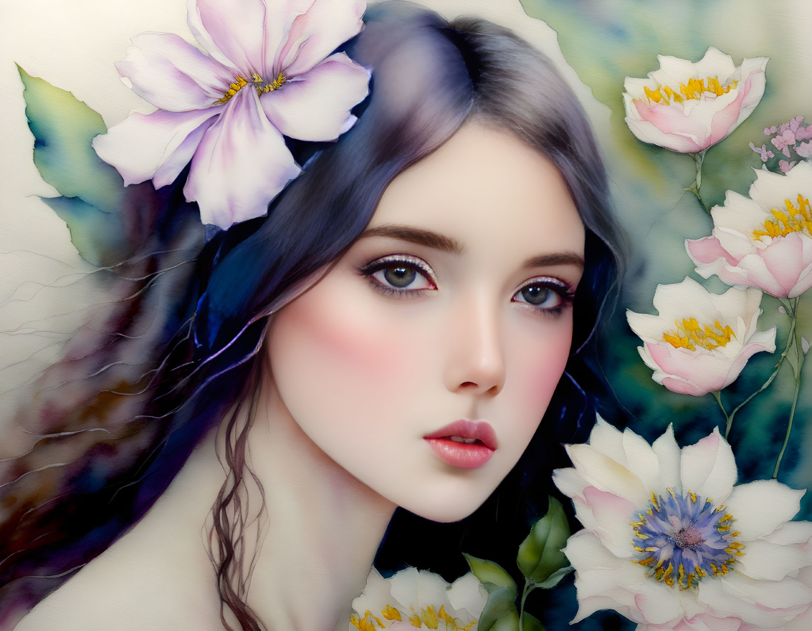 Woman surrounded by pastel flowers, with clear blue eyes