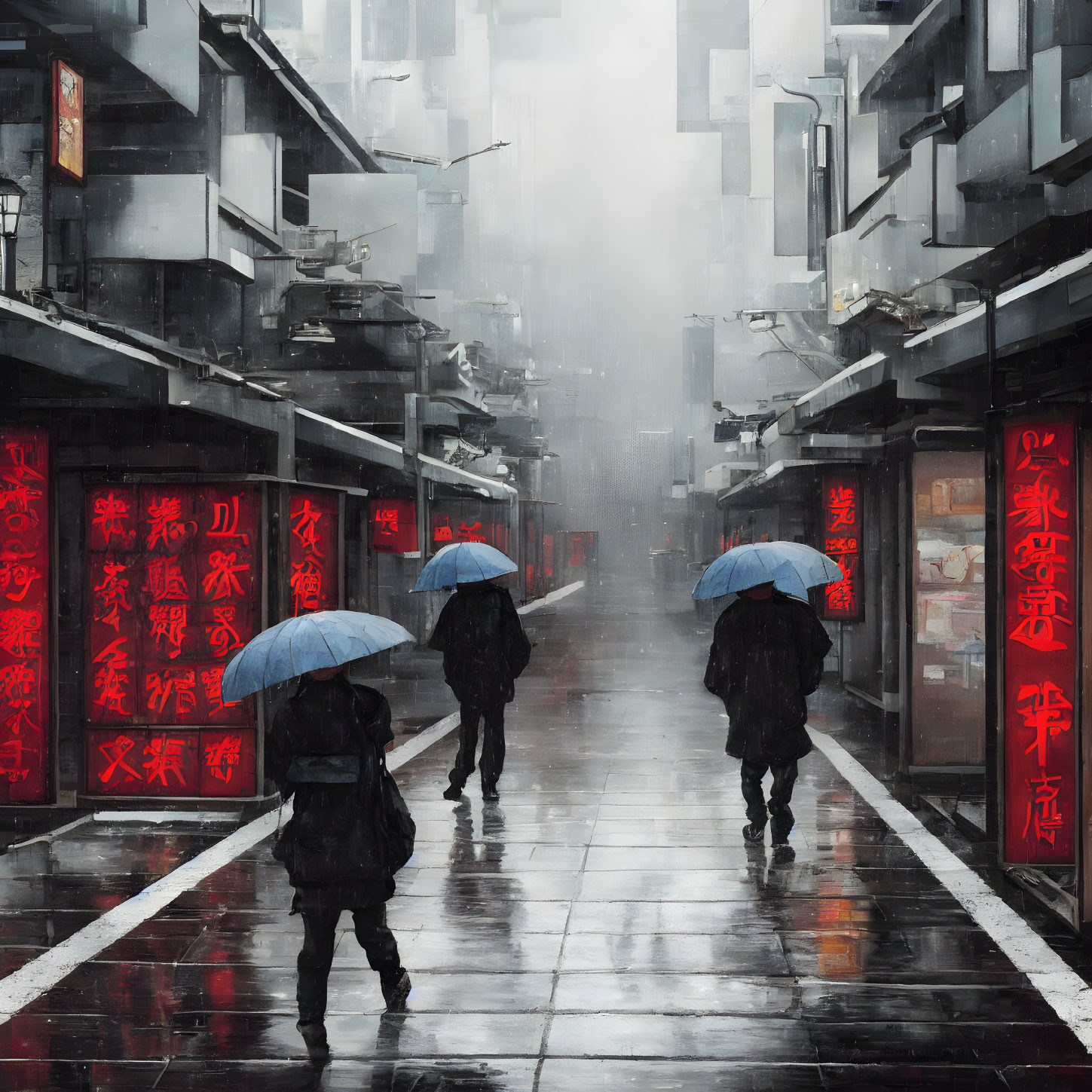 Urban rainy scene: Four people with umbrellas walking past red Chinese signs