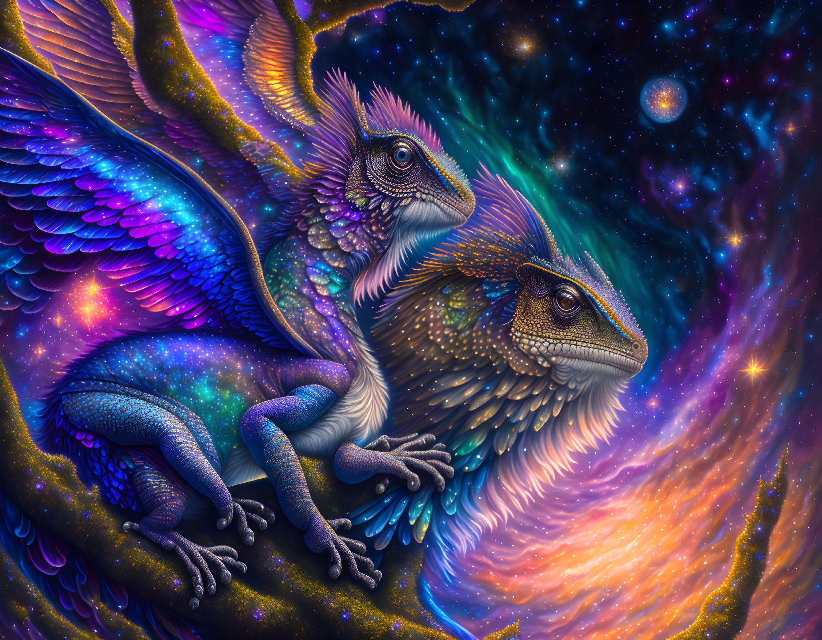 Fantasy winged lizard creatures in cosmic background