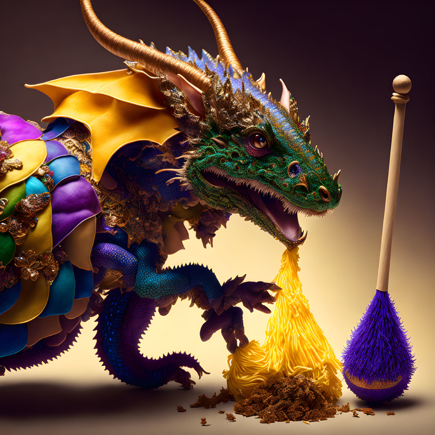 Colorful Dragon Clutching Treasure Next to Fluffy Duster