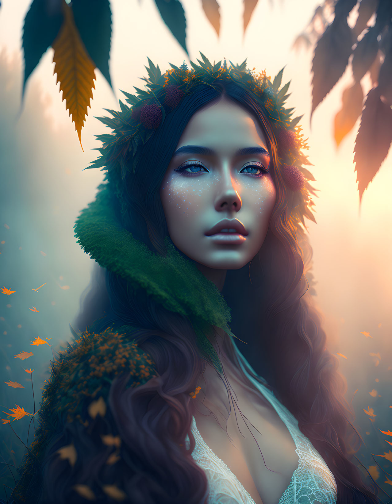 Portrait of woman with leafy crown in autumnal backdrop