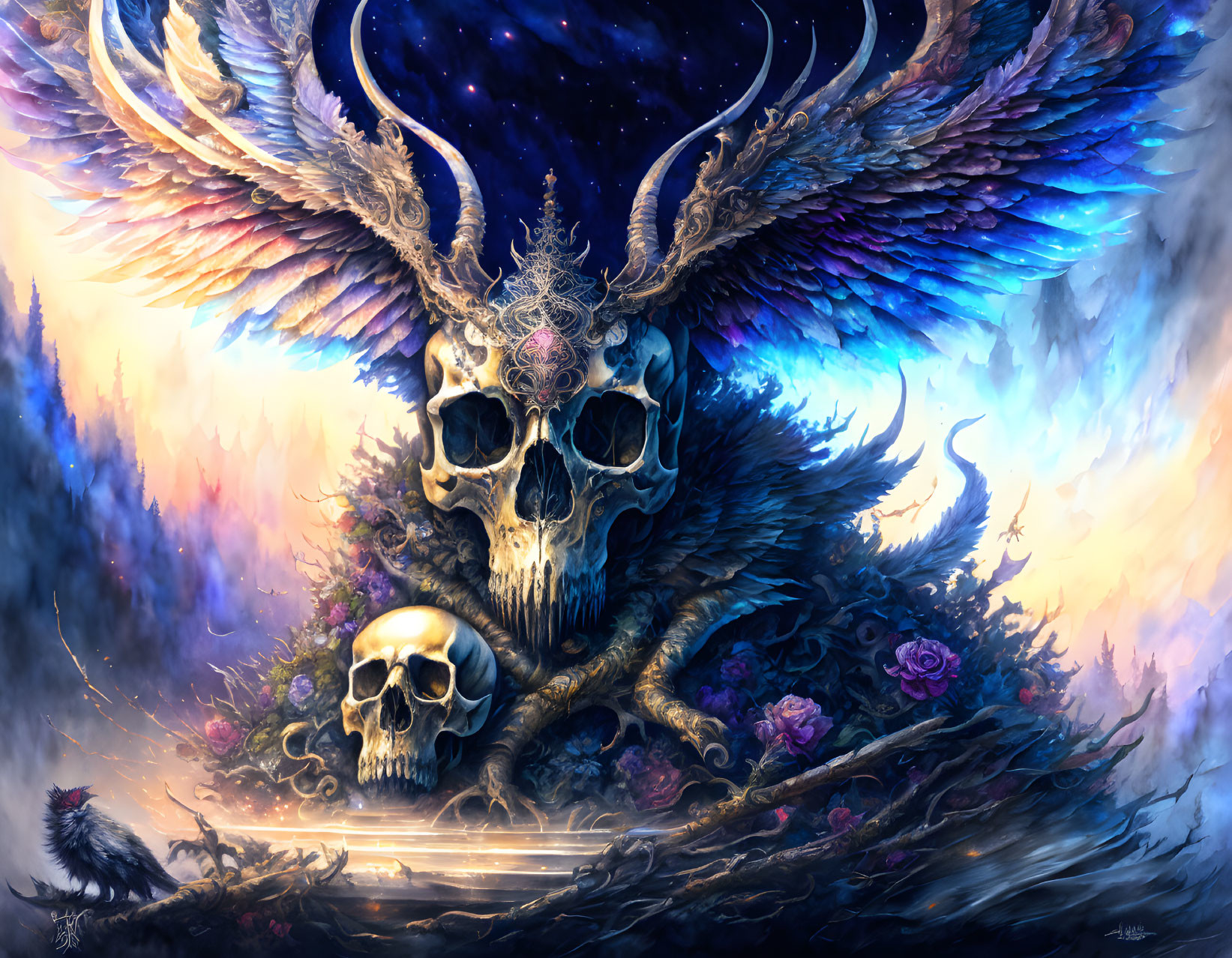 Fantastical digital artwork: Skull with antlers, cosmic wings, tree roots, celestial backdrop.