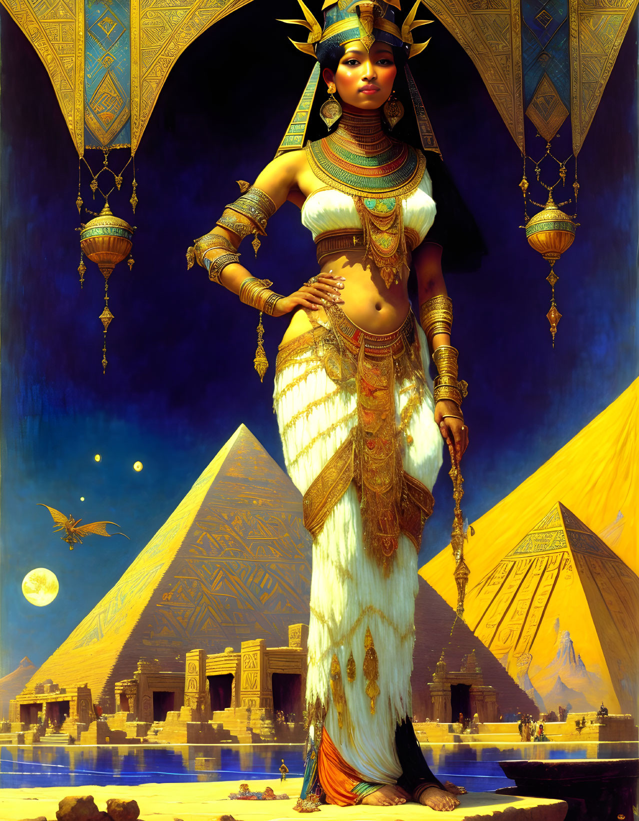 Regal woman in ancient Egyptian attire with pyramids and celestial bodies