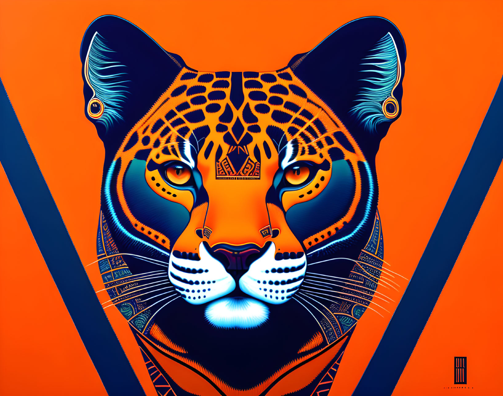 Colorful Jaguar Artwork with Geometric Patterns on Orange Background