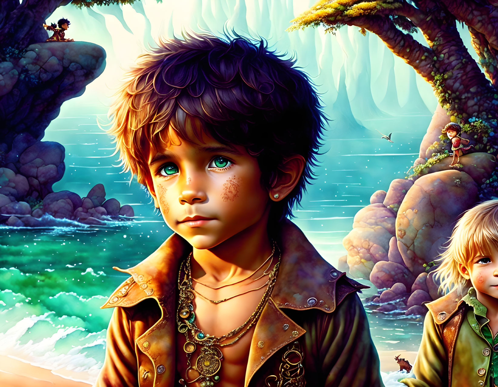 Young boy with blue eyes and freckles in steampunk jacket, set in fantastical landscape