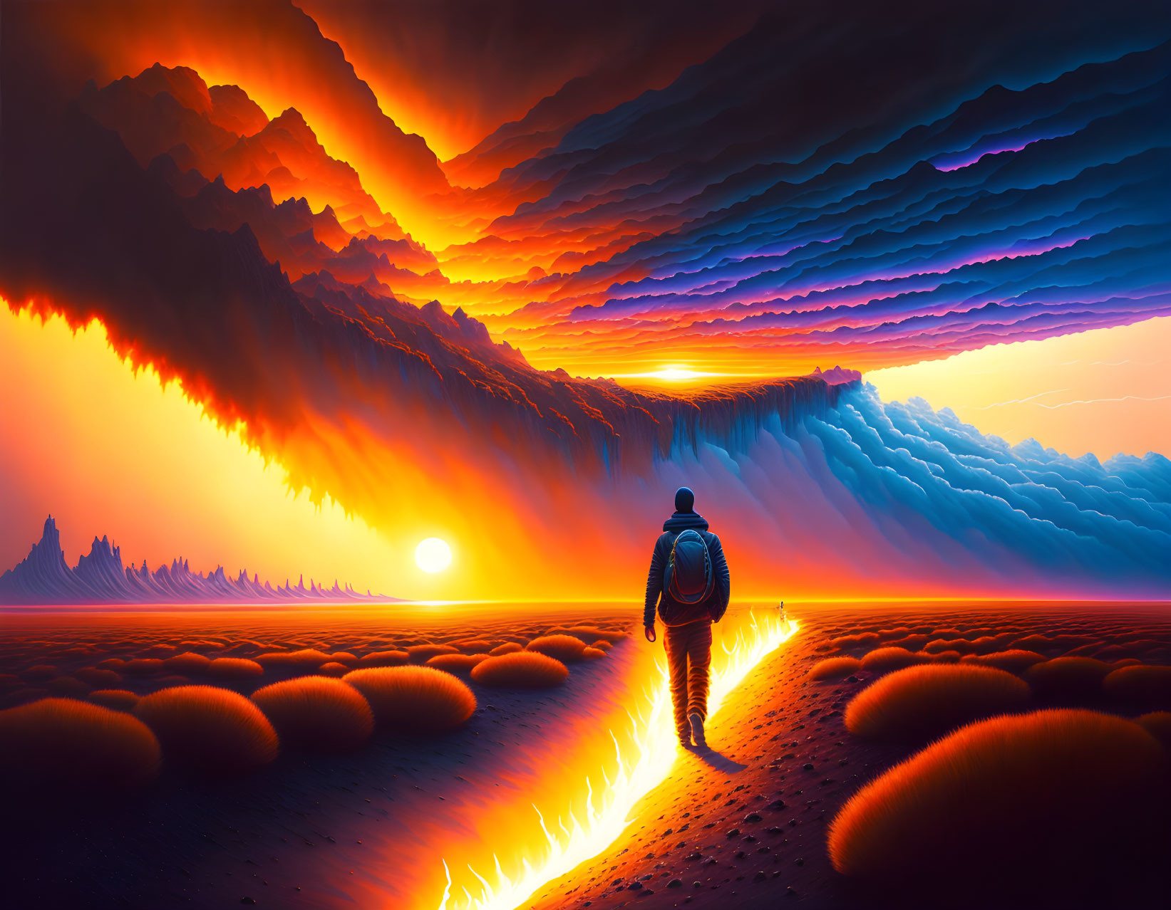 Explorer in surreal fiery landscape with vibrant sunset colors