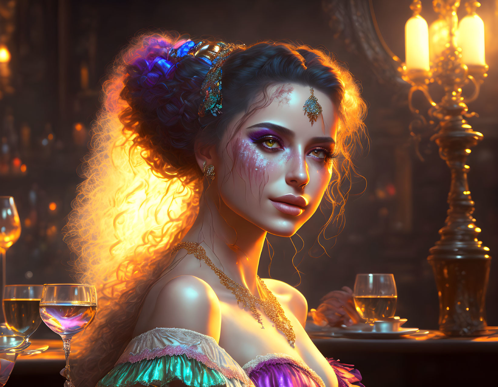 Fantasy-themed digital artwork of a woman with intricate makeup and glowing hair in candlelit ambiance