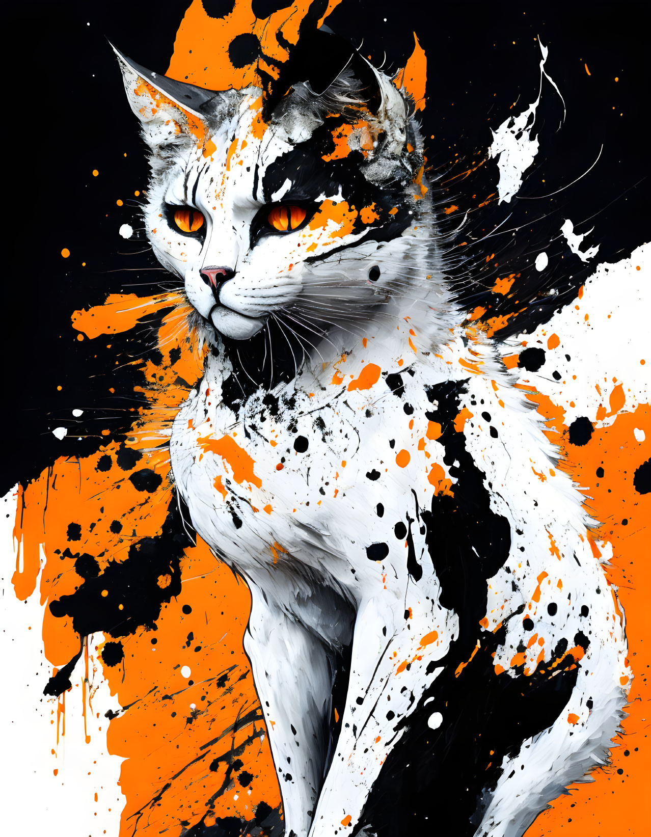 Stylized cat art with orange and black splatter on white