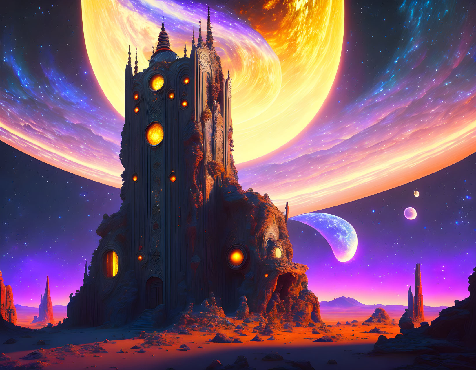 Futuristic castle on alien planet with orange planet and moons in sky