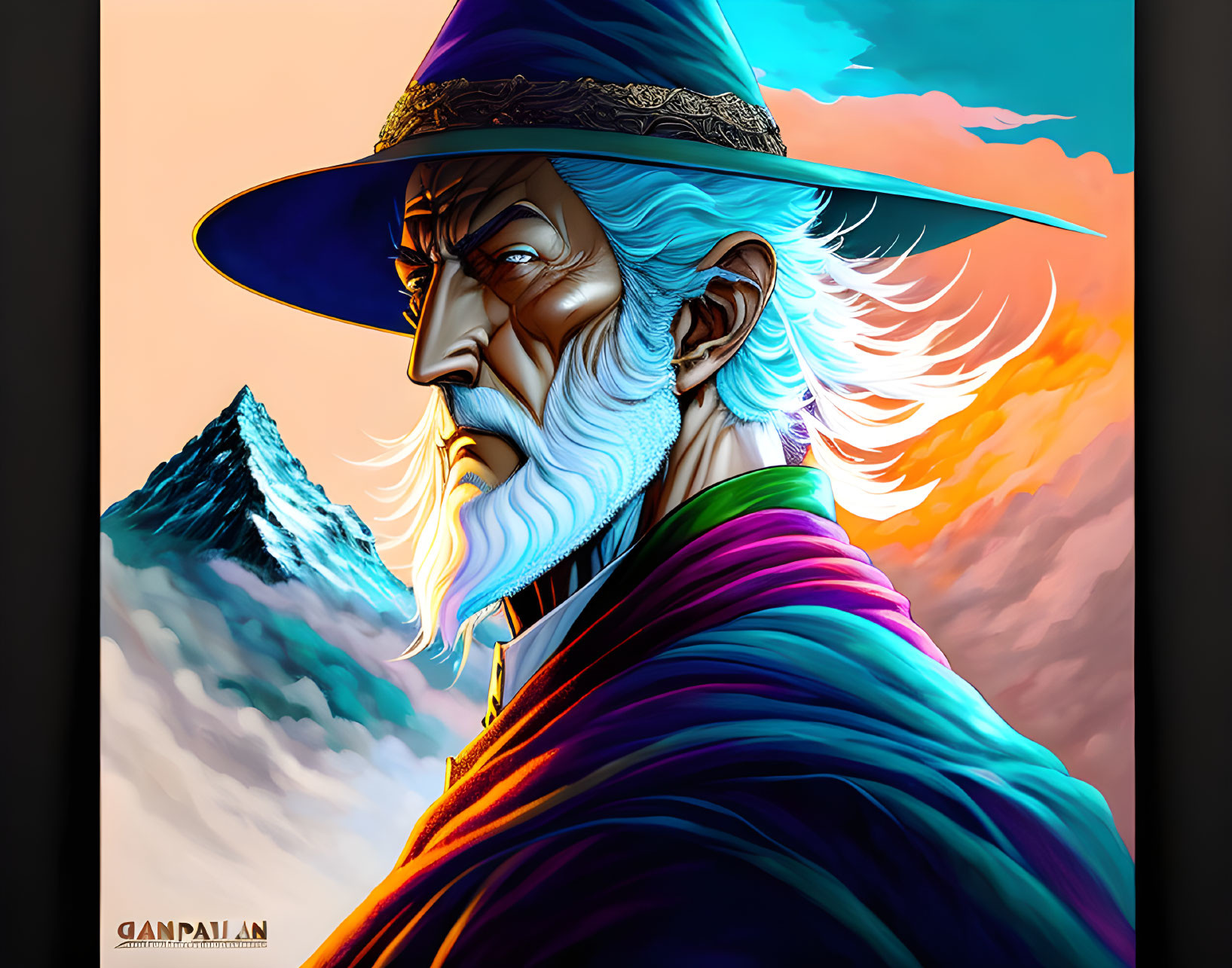 Elderly man with beard, hat, and cloak, mountains backdrop