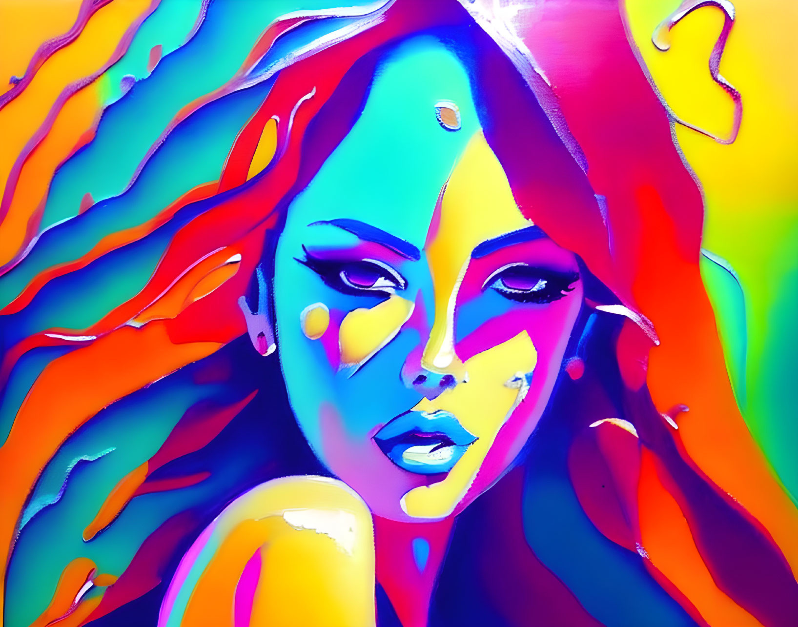 Colorful Portrait of Woman with Flowing Hair in Psychedelic Style