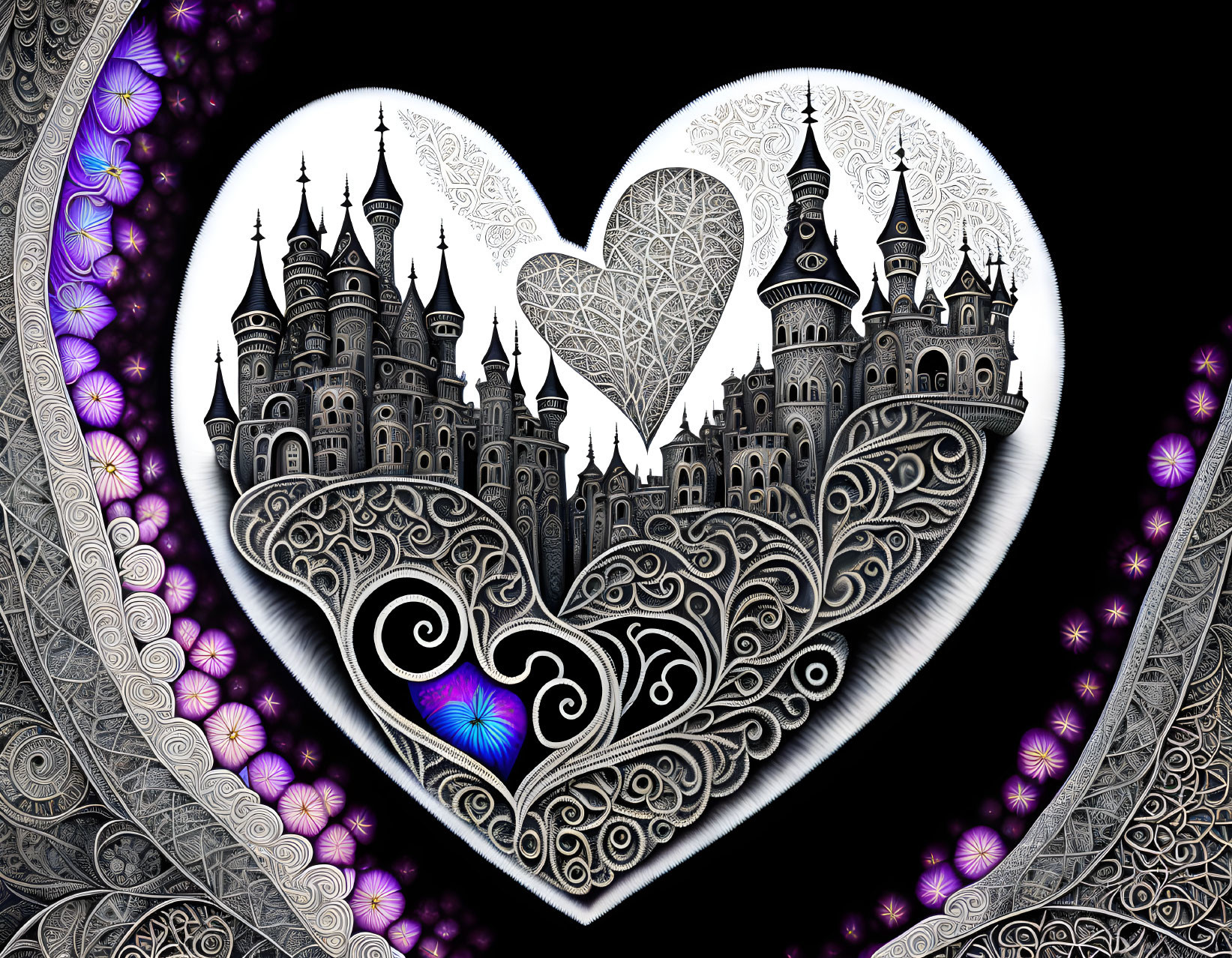 Monochrome fairytale castle in heart surrounded by swirls and floral accents