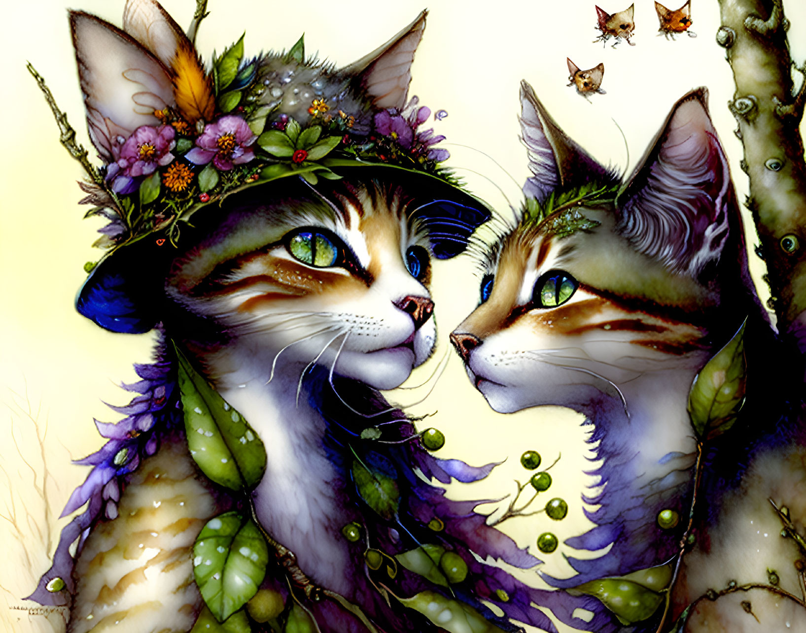 Whimsical cats with floral and leafy adornments gazing at each other