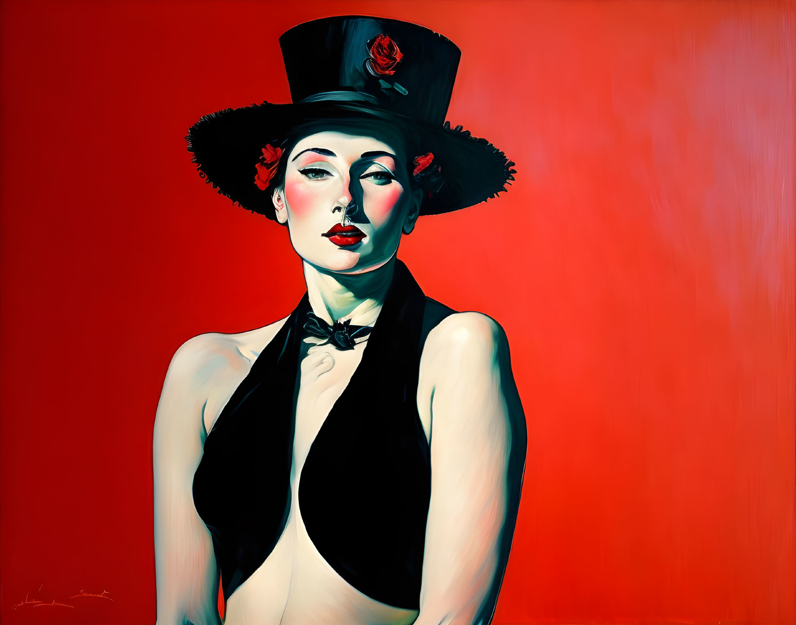 Woman in Black Top Hat and Bow Tie Poses on Red Background