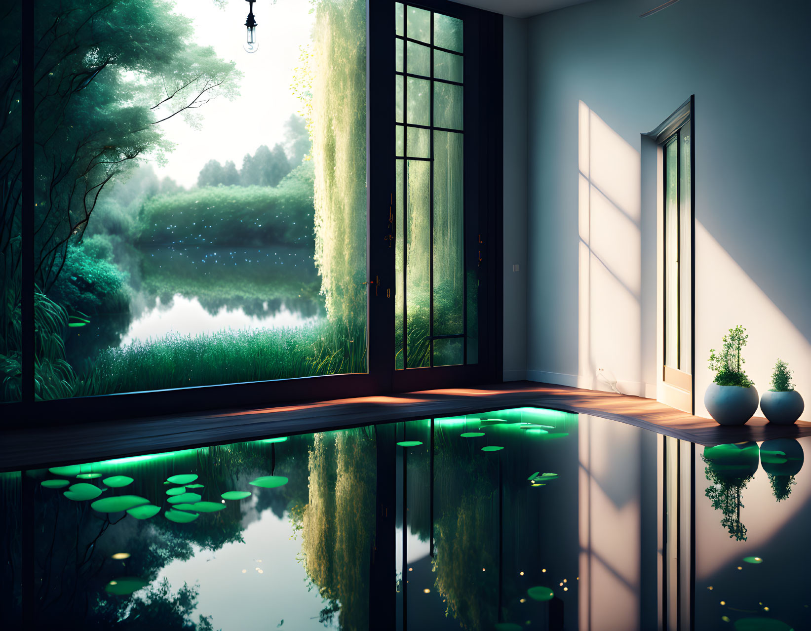 Indoor Space Reflecting Outdoor Scene with Trees, Lake, and Lamp Post