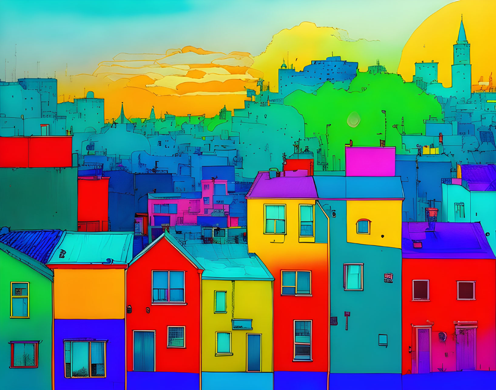 Colorful Cartoon Cityscape with Blue, Red, Yellow, Green Buildings at Sunset