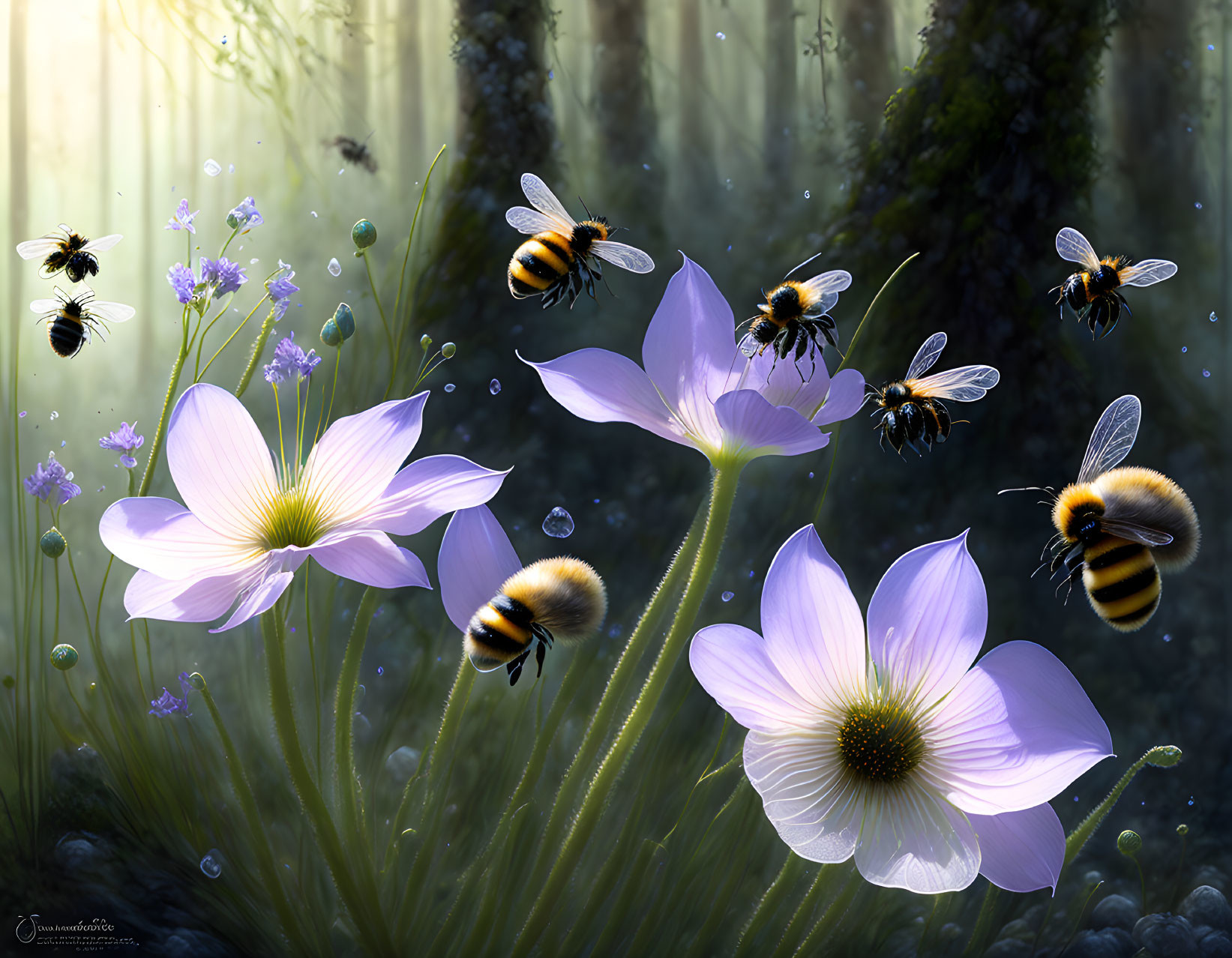 Bees collecting nectar from purple flowers in serene forest setting