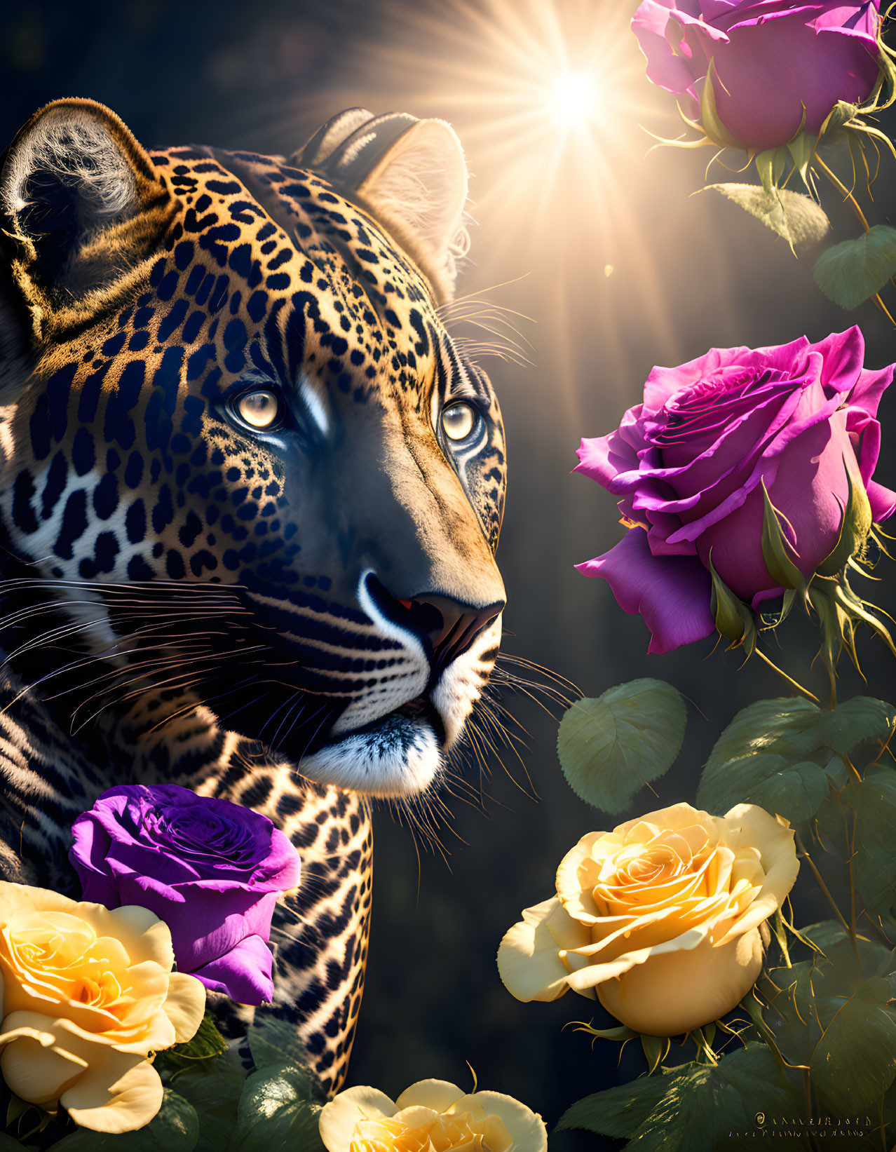 Leopard head among blooming roses with sunbeams in mystical composition