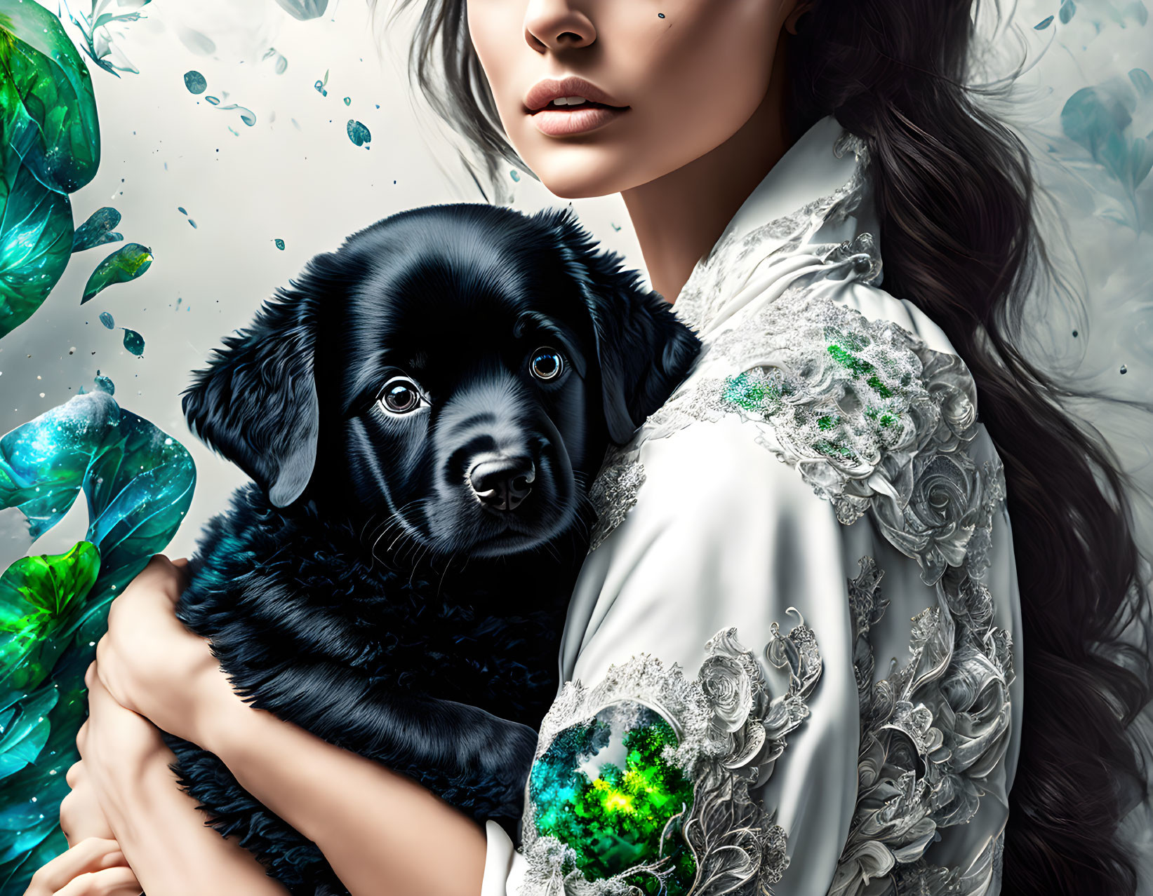 Detailed White Blouse Woman with Black Puppy in Ethereal Blue Leaves