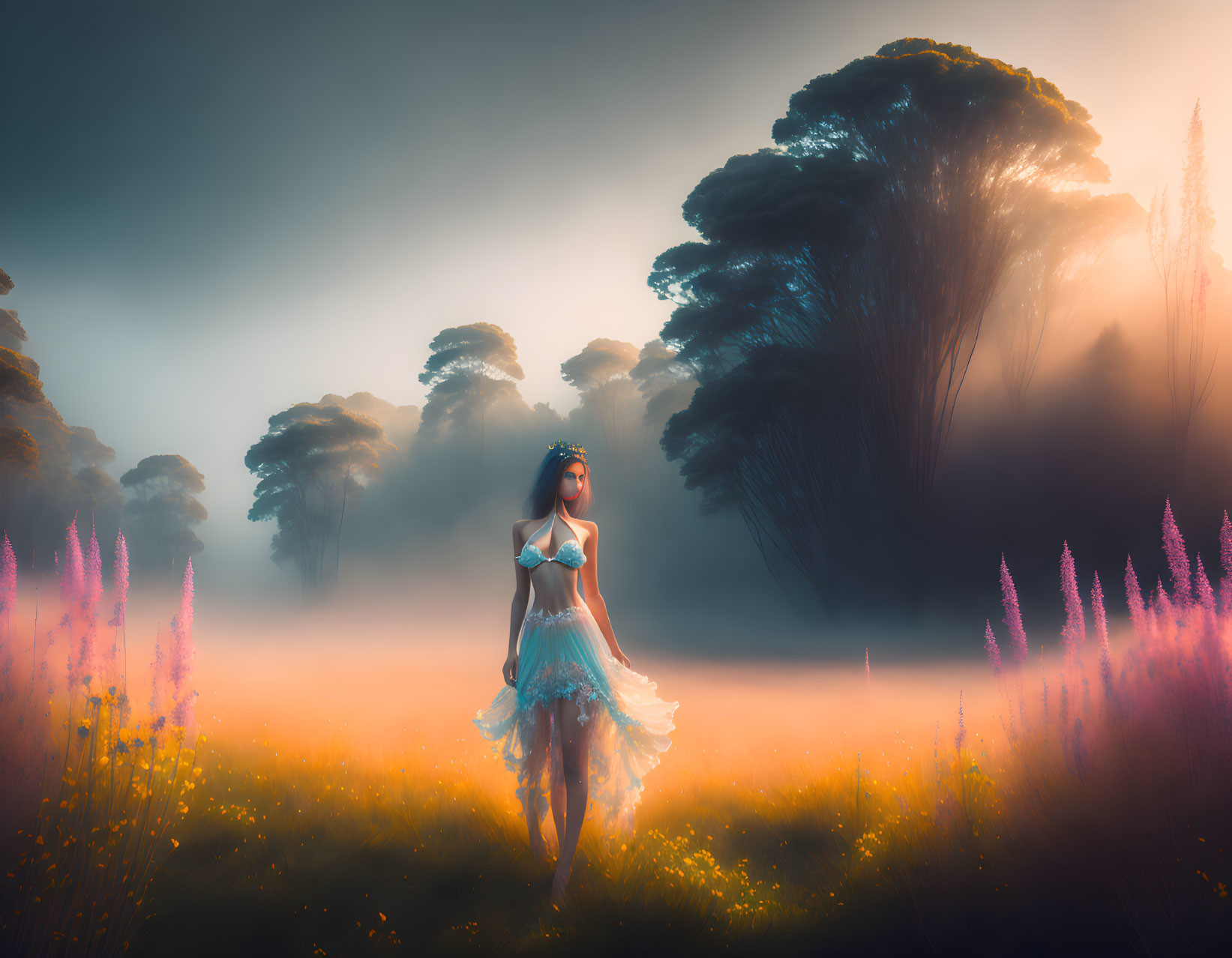 Mystical woman in flowing blue dress in ethereal forest meadow