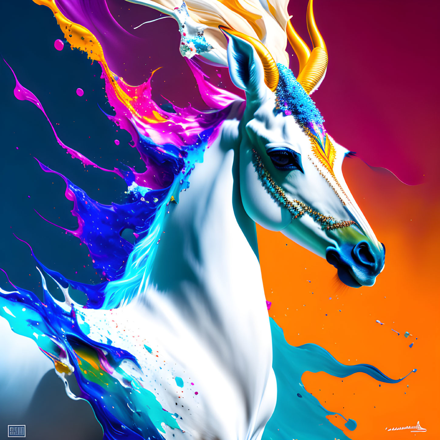 Colorful White Unicorn Artwork on Blue Purple Background