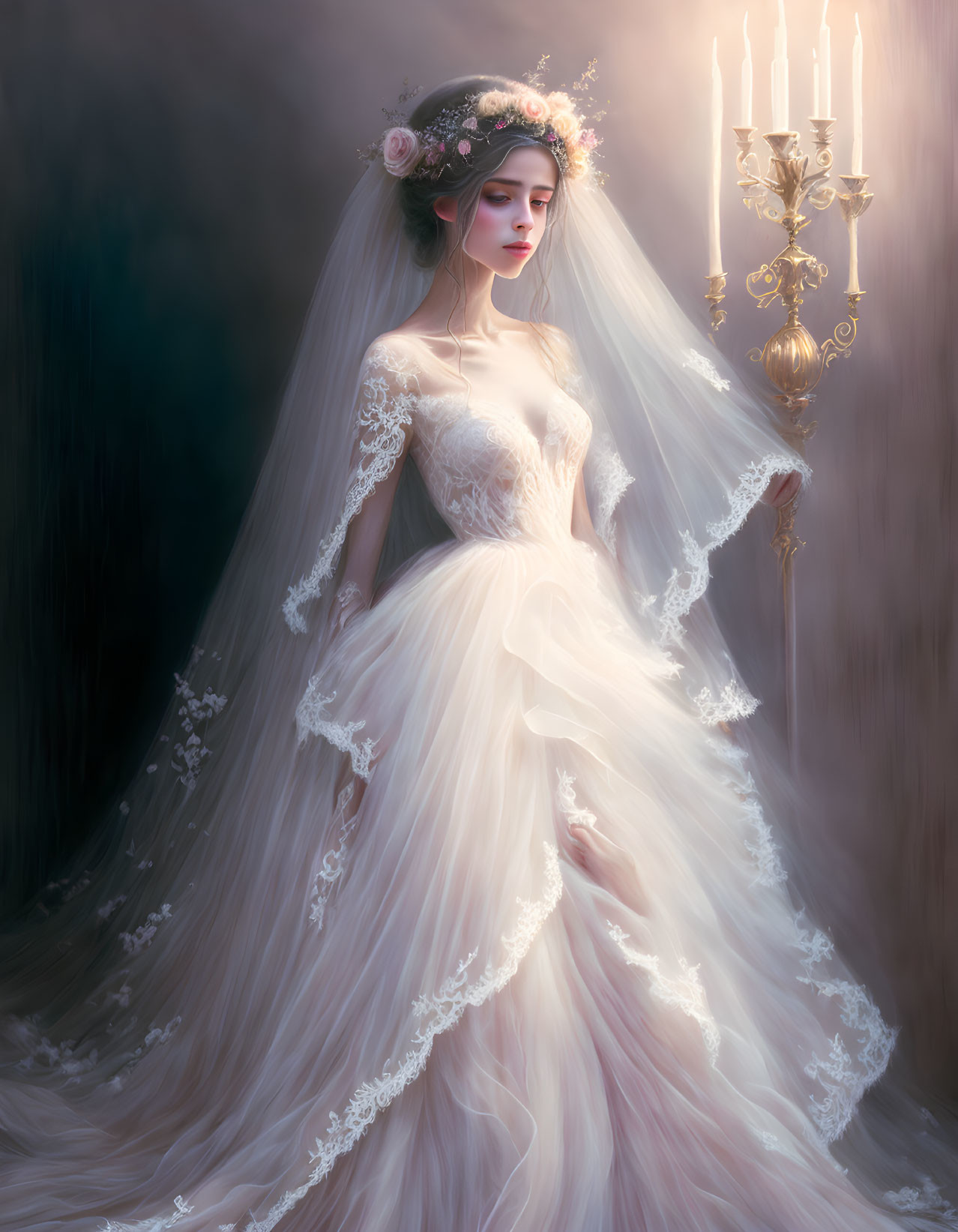 Ethereal bride in white lace gown with floral headpiece beside glowing candelabra