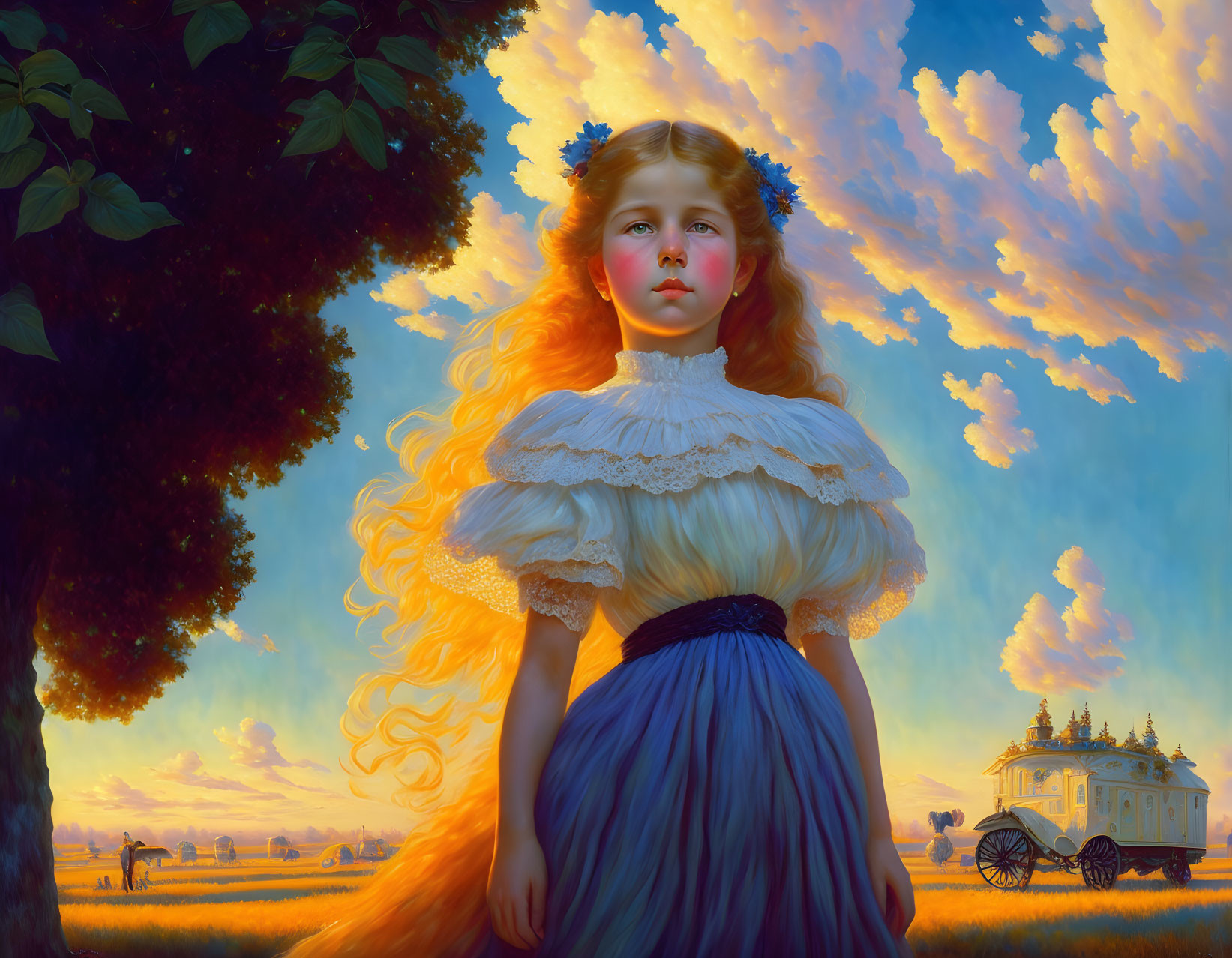 Young girl with red hair in pastoral scene with carriage and house under cloudy sky