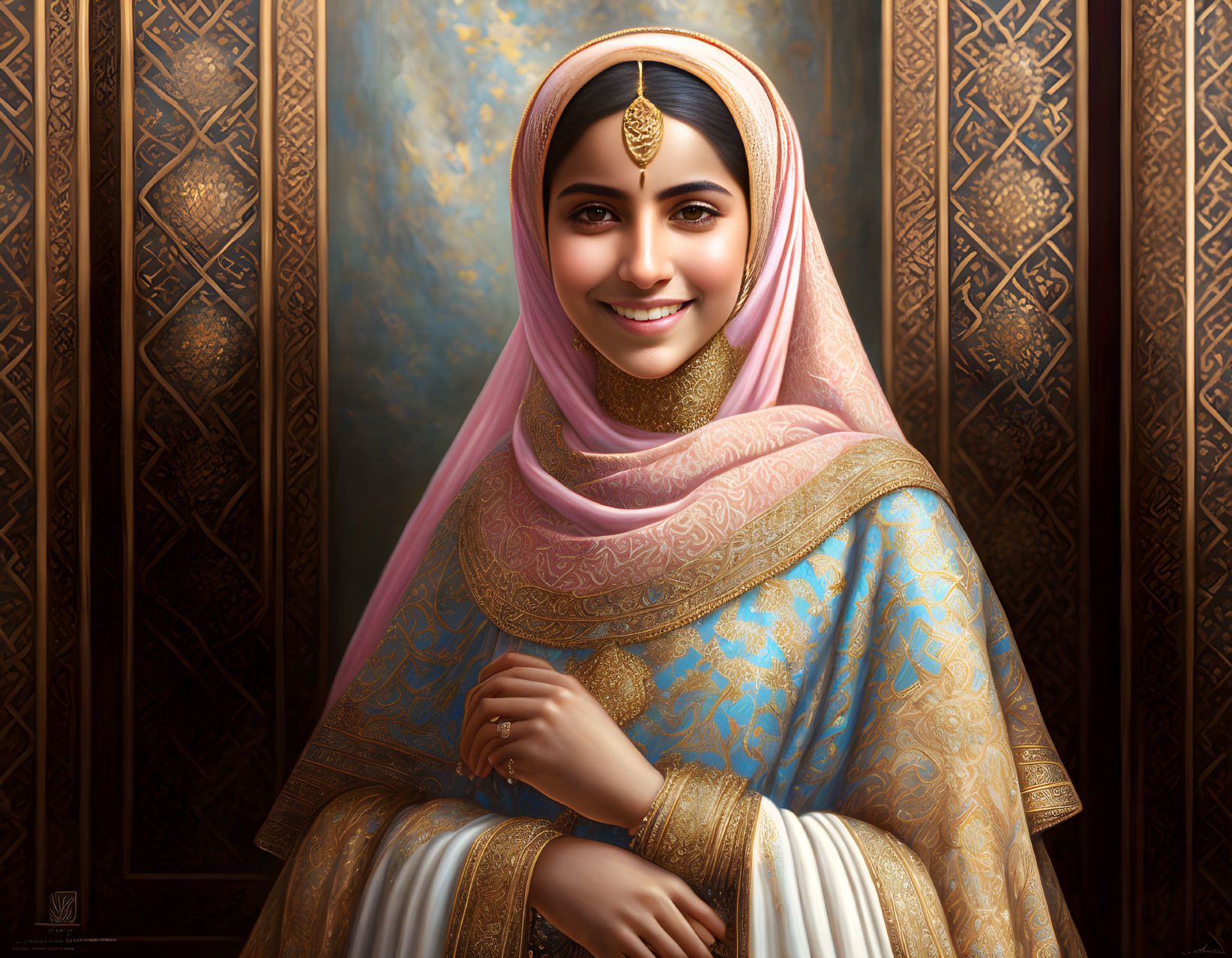 Traditional South Asian Attire with Smiling Woman and Ornate Jewelry