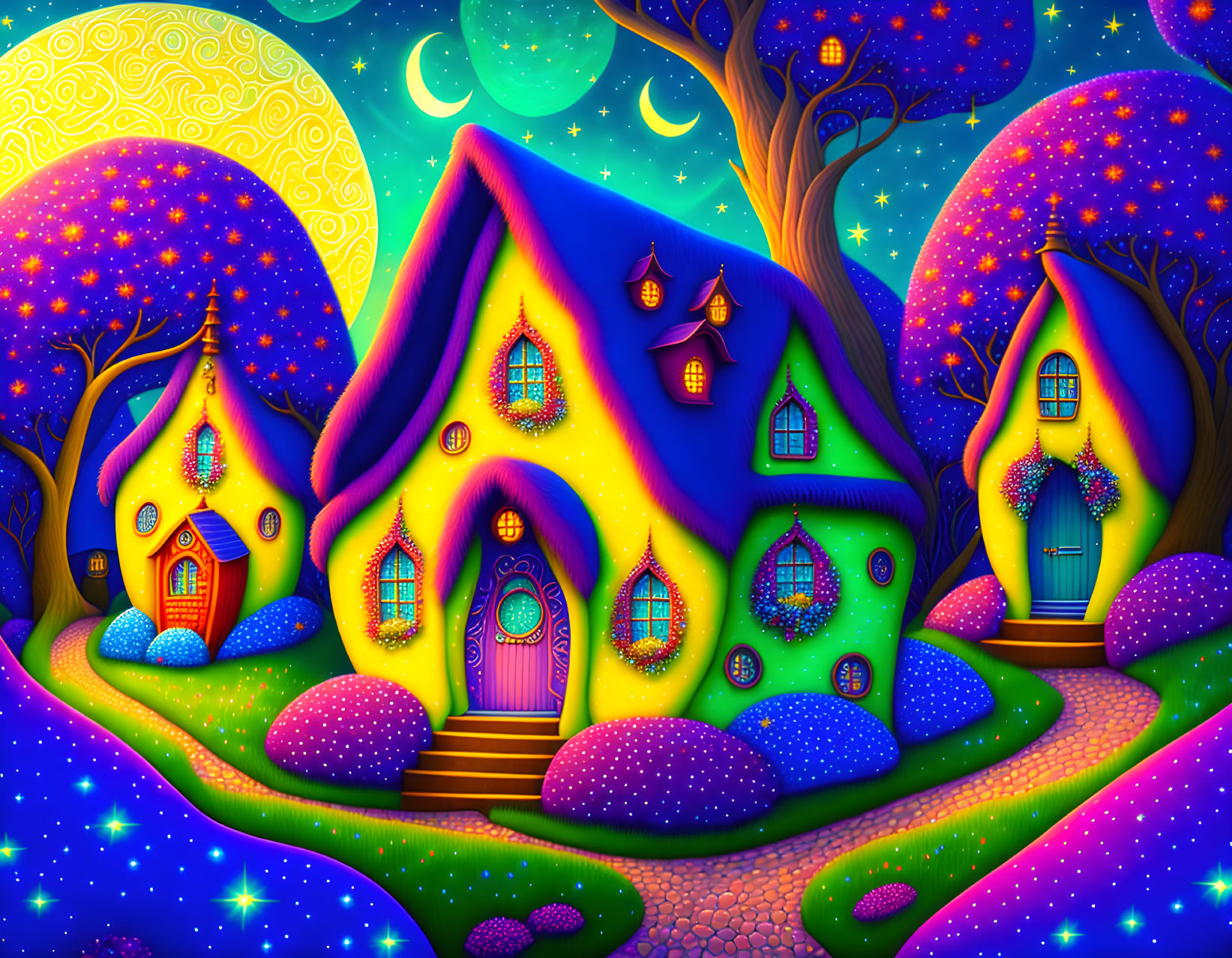 Colorful Starry Night Fantasy Houses Illustration