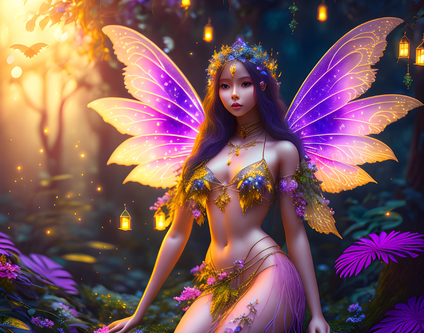 Digital art: Fairy with purple wings in magical forest with lanterns & flora