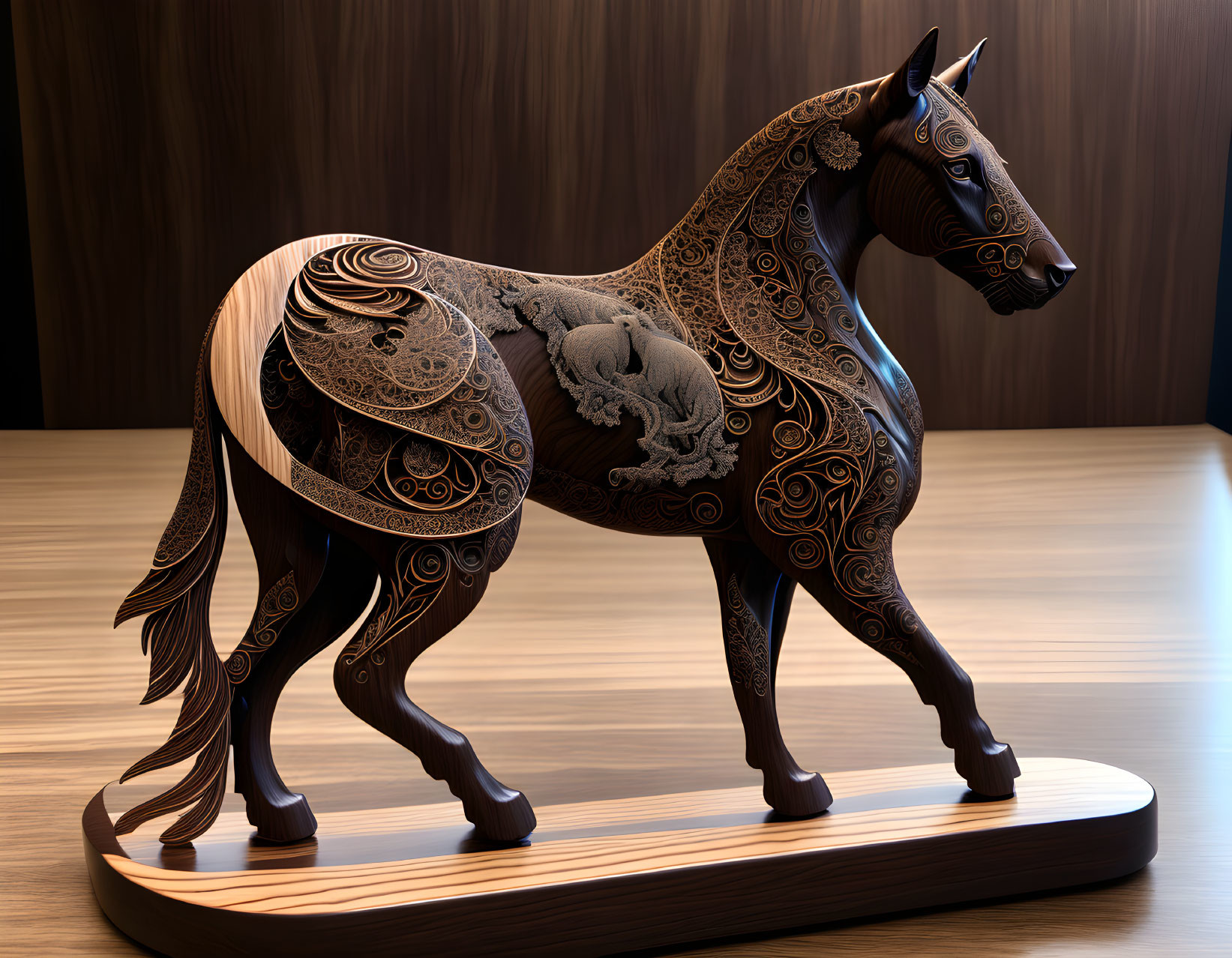 Detailed Wooden Horse Figurine with Animal Motif and Carved Patterns