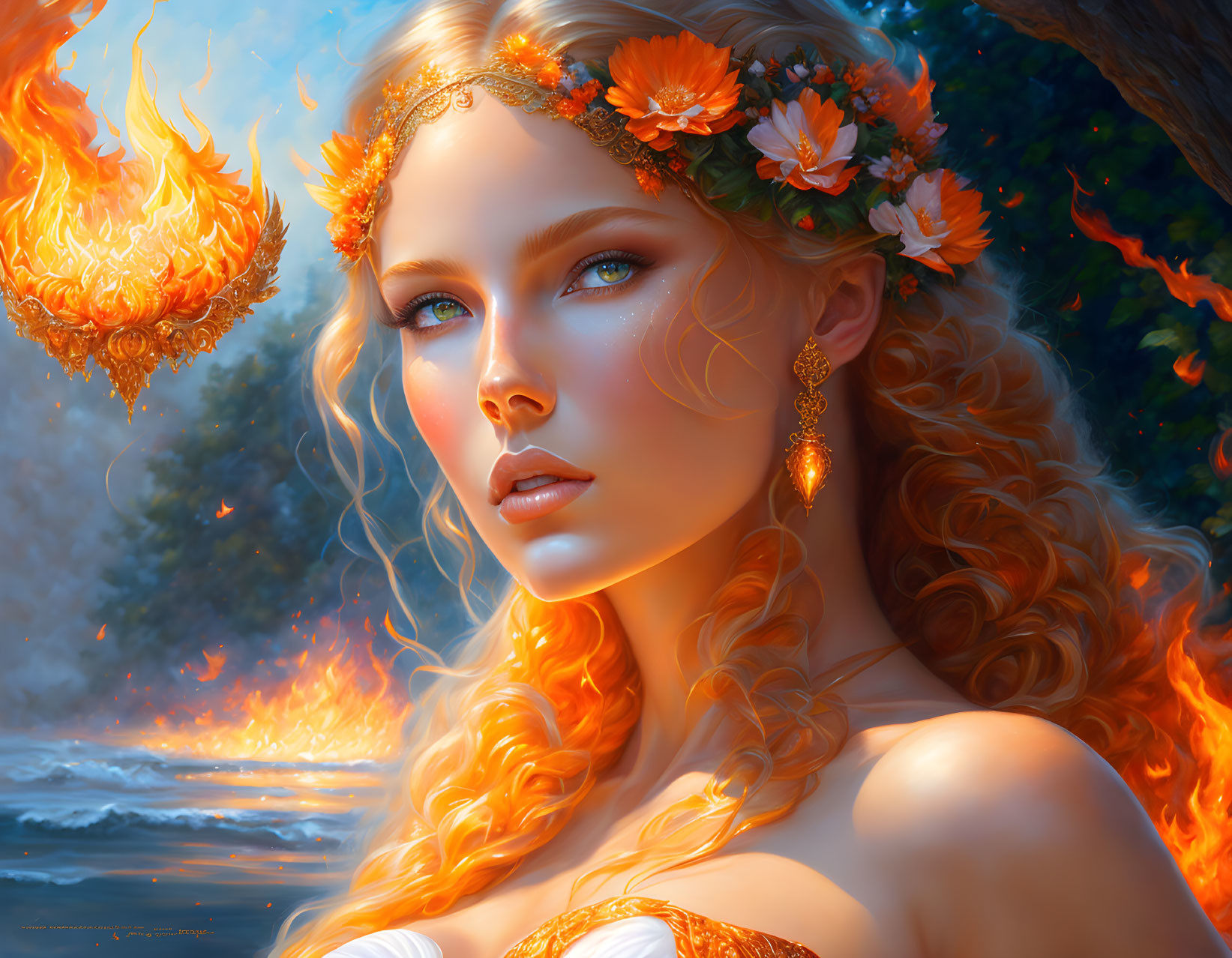 Fantasy portrait of woman with fiery orange hair, floral crown, blue eyes, and hovering flame