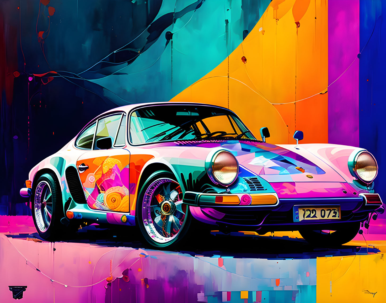 Colorful Illustration: Classic Porsche with Psychedelic Patterns